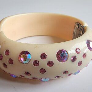 Vintage Weiss celluloid Hinged Clamper bracelet & Pink Rhinestones 0.75 W"